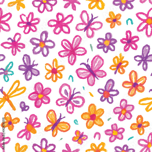 seamless vibrant hand drawn floral and butterfly doodle pattern in crayon pastel style, bright and playful nature illustration