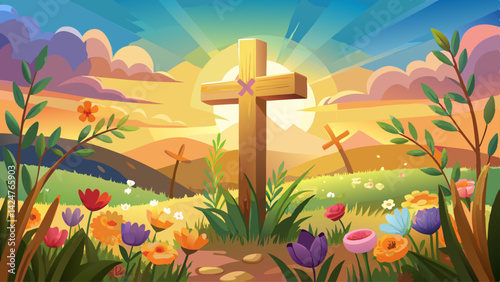 Beautiful Easter cross adorned with flowers in a sunny field during golden hour .Very beautiful
