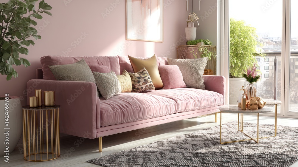 Fototapeta premium Pink living room interior design featuring a plush sofa.