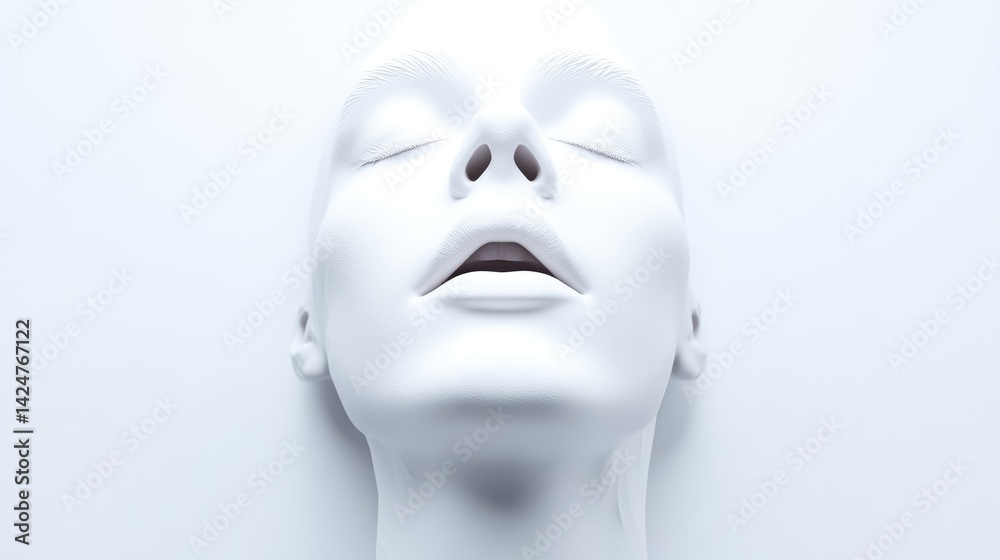 A serene, white female head, smooth and flawlessly rendered, against a bright white background. A close-up portrait showcasing perfect skin tone and facial features A serene, white female head, smooth and flawlessly rendered, against a bright white background. A close-up portrait showcasing perfect skin tone and facial features