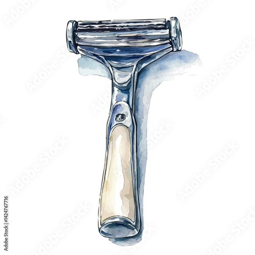 Shaving razor with smooth handle, watercolor illustration, isolated on a white background.

