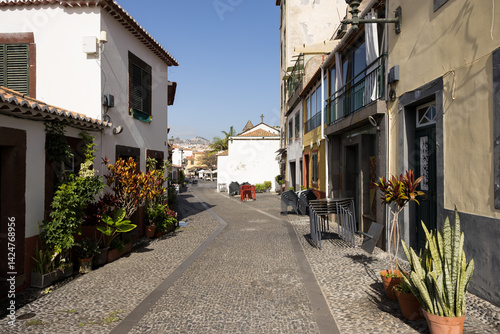 Typical street in the old town of Funchal. Funchal city center. Madeira Island, Portugal