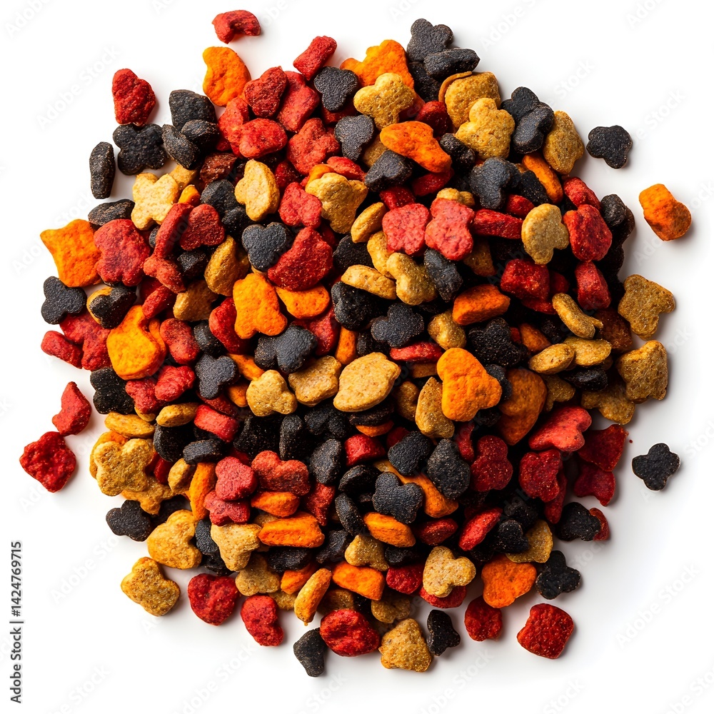 A close-up shot shows a pile of colorful dry pet food kibble in various shapes and sizes against a pure white background. A close-up shot shows a pile of colorful dry pet food kibble in various shapes and sizes against a pure white background.