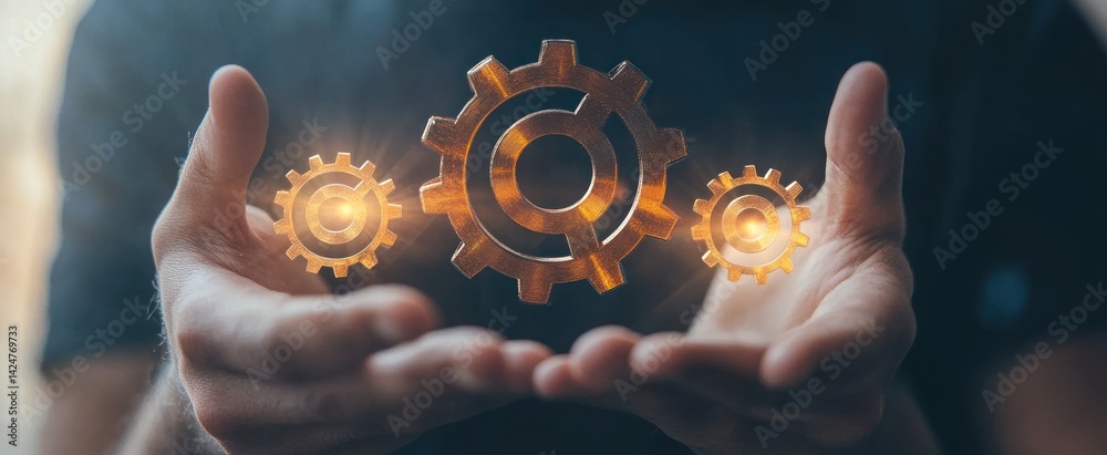 © Ketua - Person holding three glowing golden gears in their open hands