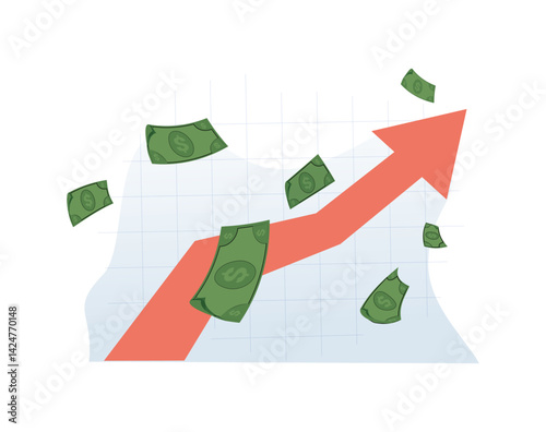 Tariffs increasing. Price going up. Stock rate is rising, US economics. Red arrow pointing up with flying banknotes