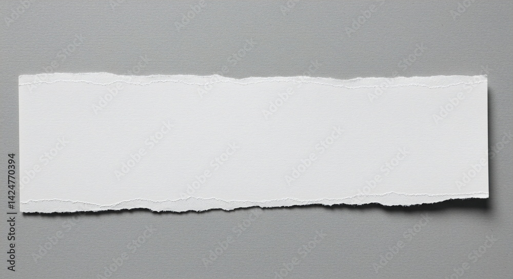 Blank white torn paper strip with rough edges on a gray background. Ideal for messages, notes, or designs. Blank white torn paper strip with rough edges on a gray background. Ideal for messages, notes, or designs.