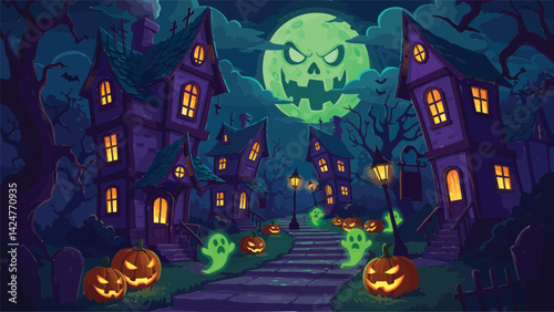 a vibrant and atmospheric vector illustration depicting a spooky Halloween village street scene at night. 