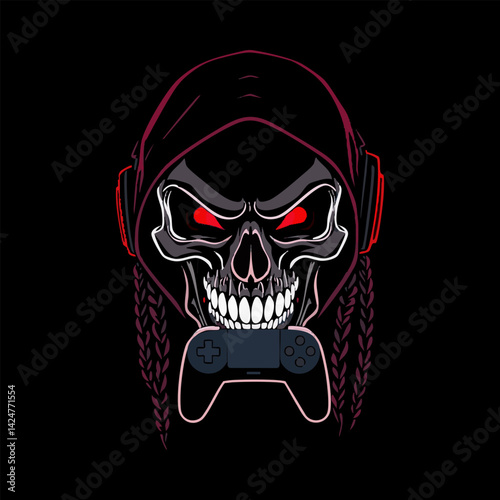 Dark Masked Gamer Skull  controller in mouth, bold graffiti lines