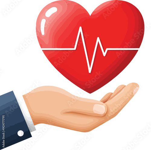 This medical illustration features a heart with a heartbeat line, symbolizing health, love, and life as depicted in a cardiogram icon