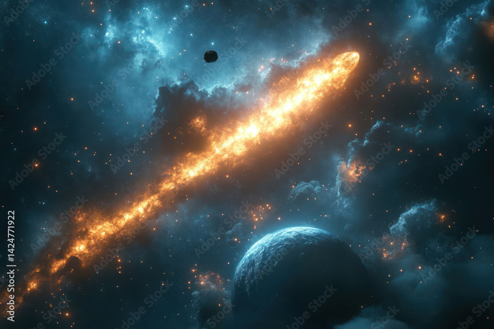A stunning digital space image featuring a bright, fiery meteor or comet piercing the starry sky