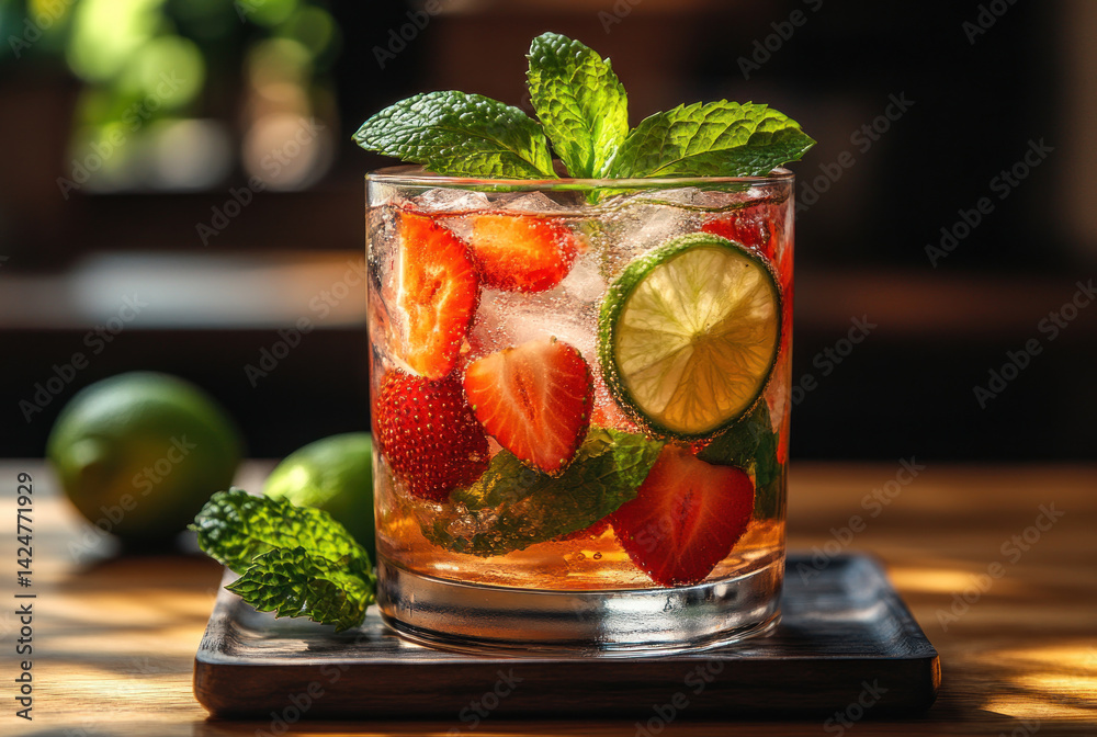 A refreshing summer drink in a glass tumbler, garnished with lime wedges, fresh strawberries and mint leaves.