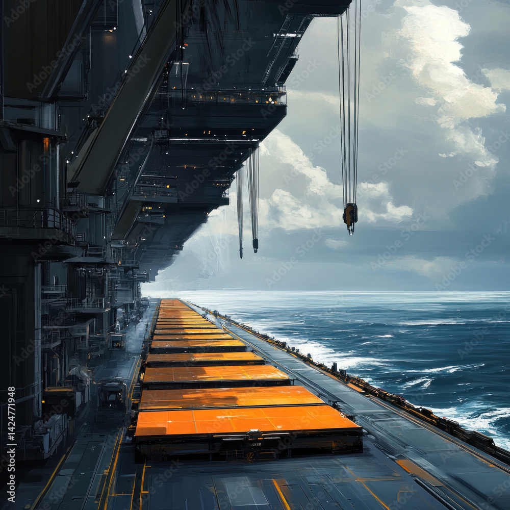 A futuristic industrial landscape featuring a giant offshore platform or space dock hanging over the ocean.