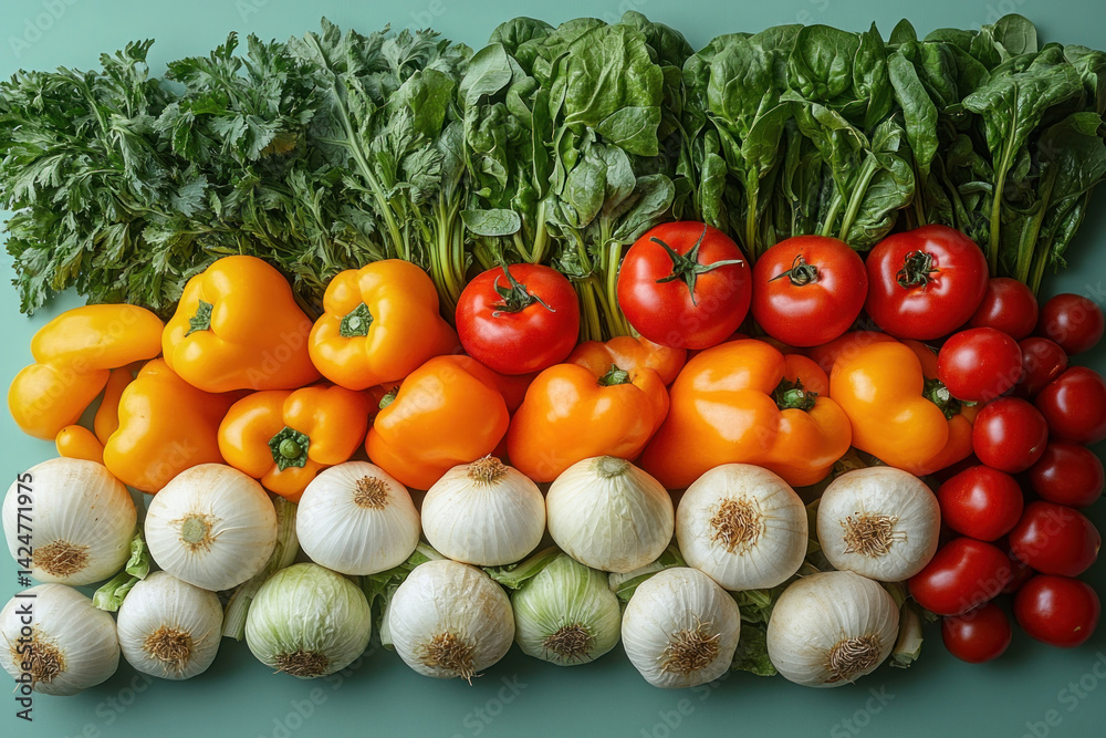 A bright and appetizing composition of fresh vegetables, neatly laid out in horizontal stripes on a solid mint-green background. In the foreground are white onions and iceberg lettuce,