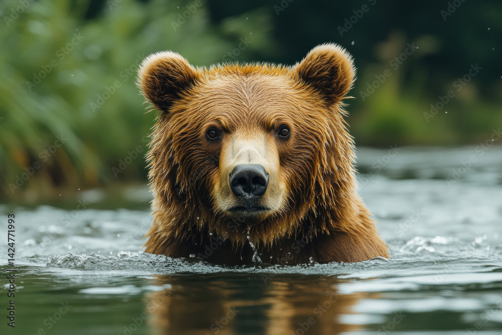 A close-up of a brown bear emerging from the water. The animal looks directly at the camera, creating the effect of presence and visual contact.