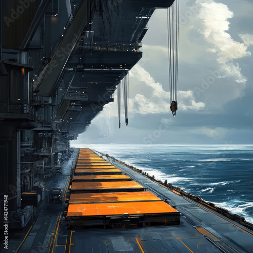 Obraz na płótnie A futuristic industrial landscape featuring a giant offshore platform or space dock hanging over the ocean. w salonie