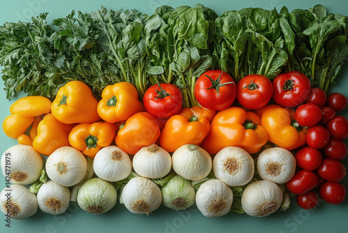 Obraz na płótnie A bright and appetizing composition of fresh vegetables, neatly laid out in horizontal stripes on a solid mint-green background. In the foreground are white onions and iceberg lettuce, w salonie