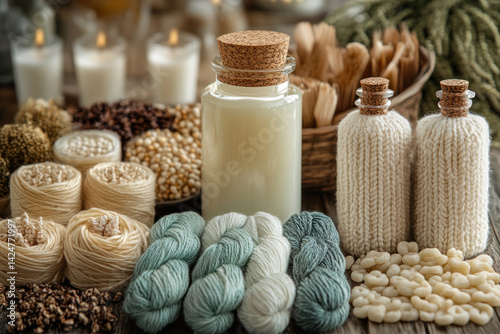 Obraz na płótnie Still life in eco and hygge style: close-up of natural materials, including balls of yarn, skeins of pastel and milky threads, knitted covers on bottles, wax granules w salonie