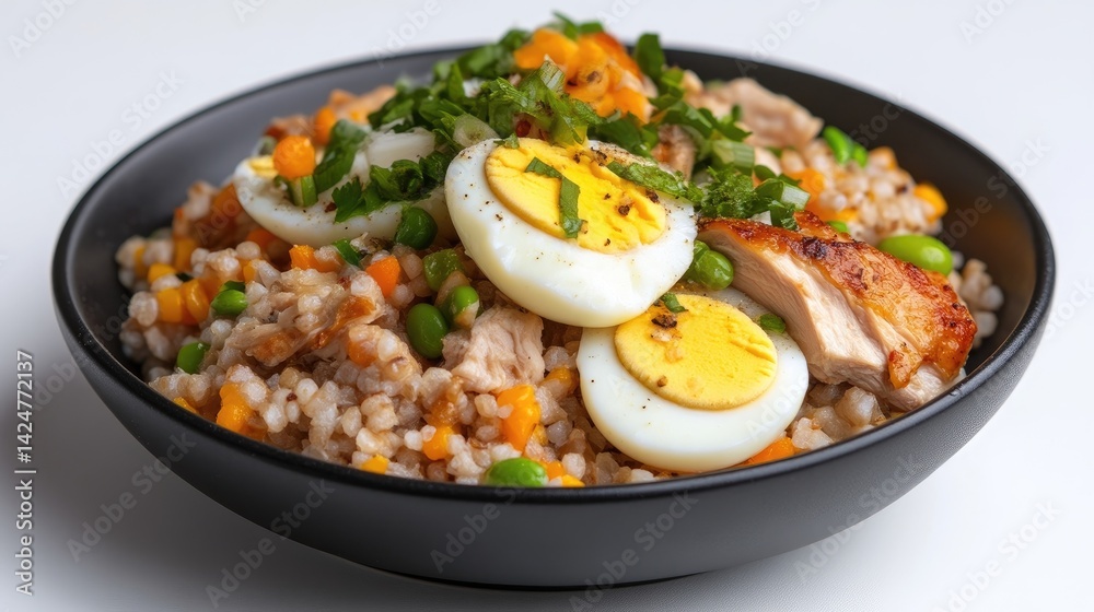 Hearty grain bowl with chicken, eggs, and vegetables Hearty grain bowl with chicken, eggs, and vegetables
