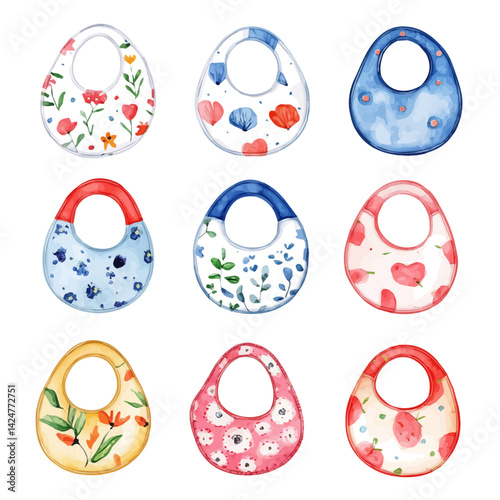 Set of baby bibs with fun patterns, watercolor illustration, isolated on a white background.

