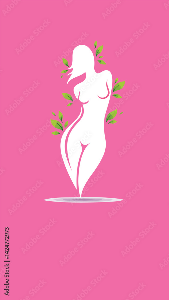 a minimalist vector logo illustration featuring a stylized female silhouette integrated with nature elements, set against a solid vibrant pink background. a minimalist vector logo illustration featuring a stylized female silhouette integrated with nature elements, set against a solid vibrant pink background.