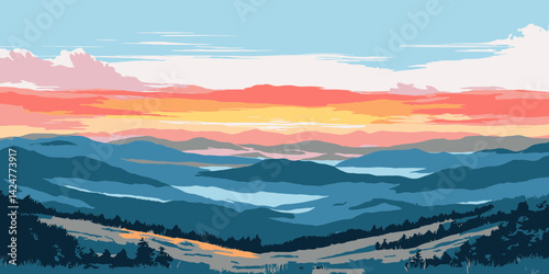 Vibrant sunset over rolling hills and valleys in a mountain landscape at dusk