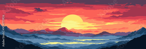 Colorful sunset over mountains and valleys with vibrant clouds and serene water reflections at dusk