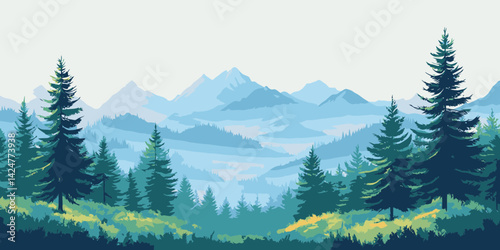 Majestic mountain landscape with evergreen trees and misty hills during daylight hours