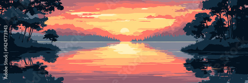 Vibrant sunset over serene lake surrounded by trees creates a peaceful atmosphere