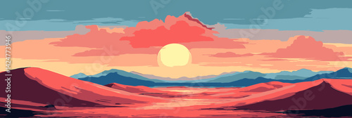 Vibrant sunset over rolling hills and mountains with colorful clouds and reflections