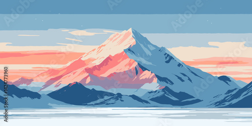 Majestic mountain landscape at dawn with soft pastel colors illuminating snow-capped peaks