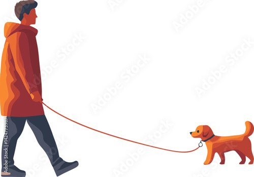 Man walks dog in colorful park setting during sunny day