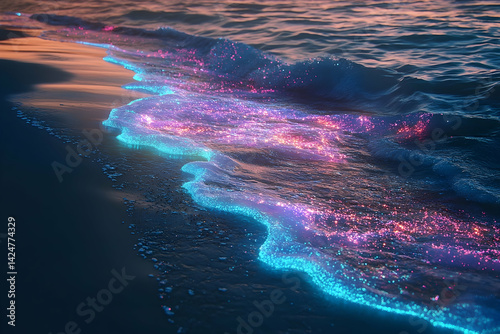 Ocean waves glow with bioluminescent plankton at sunset.