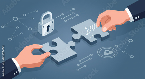 Secure Data Integration Two Hands Connect Tech Puzzle Pieces Ensuring Secure Data Sharing with a