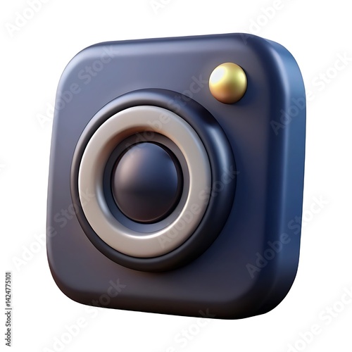 A stylized render of a dark blue camera with a silver ring and a gold button on a white background