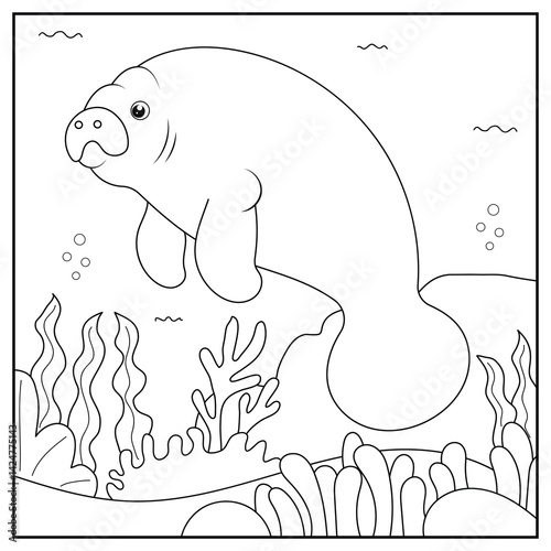 cute cartoon dugong, funny illustration, coloring book for kids and children.