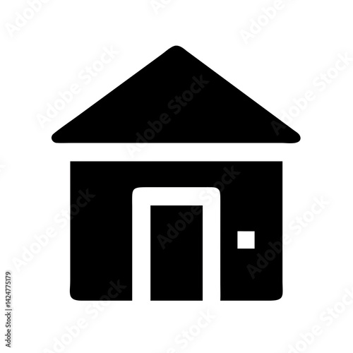 A simple black and white house icon with a triangular roof and a door with a small square handle