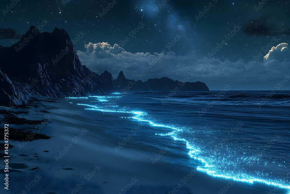 Naklejka premium Starlit beach glows with bioluminescent waves at night.