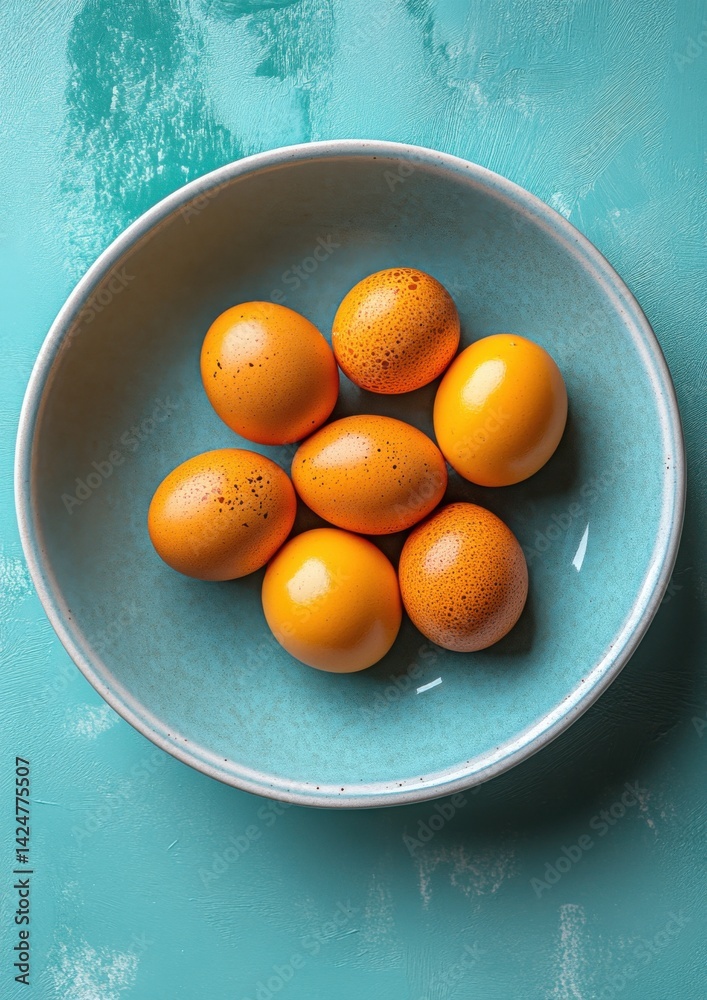 Freshly gathered golden eggs nestled in a turquoise bowl on a smooth surface Freshly gathered golden eggs nestled in a turquoise bowl on a smooth surface
