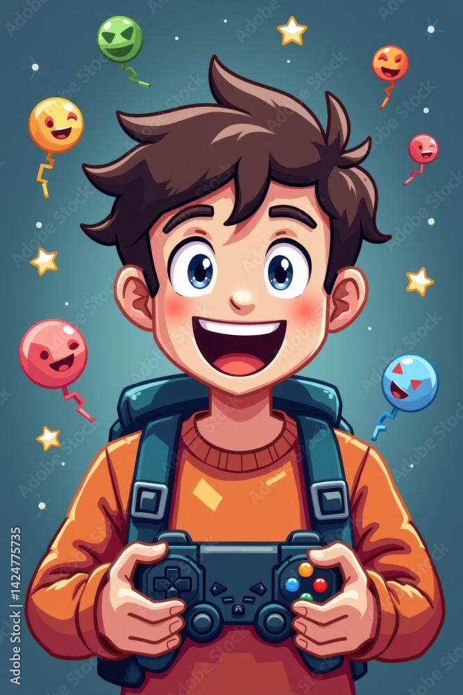 Naklejka premium A joyful gamer holding a game controller, smiling brightly. The background is colorful with pixel art and game icons floating around