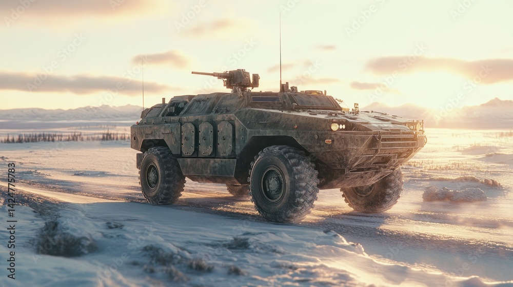 Fototapeta premium Military vehicle on a snowy landscape at sunrise