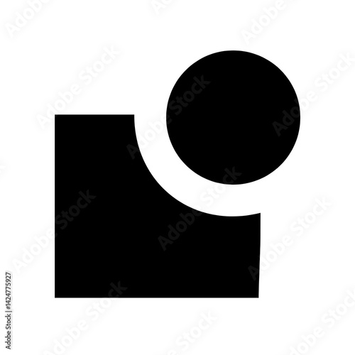 A simple graphic design featuring a black square and a black circle overlapping on a white background