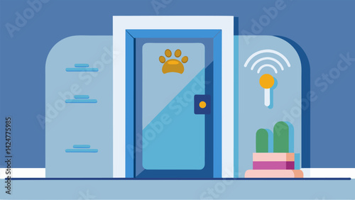 A smart pet door that detects and adjusts to temperature fluctuations saving energy.. Vector illustration