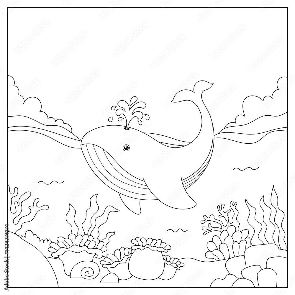 Obraz premium black and white cartoon whale character (vector illustration), coloring book for children.