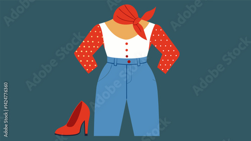 A closeup of a vintage lace blouse tucked into highwaisted jeans paired with a bright red headscarf and chunky heels creating a playful and retro. Vector illustration