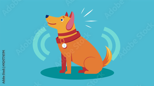 A vibration collar that alerts a dog to stop barking and calmly sit when strangers approach.. Vector illustration