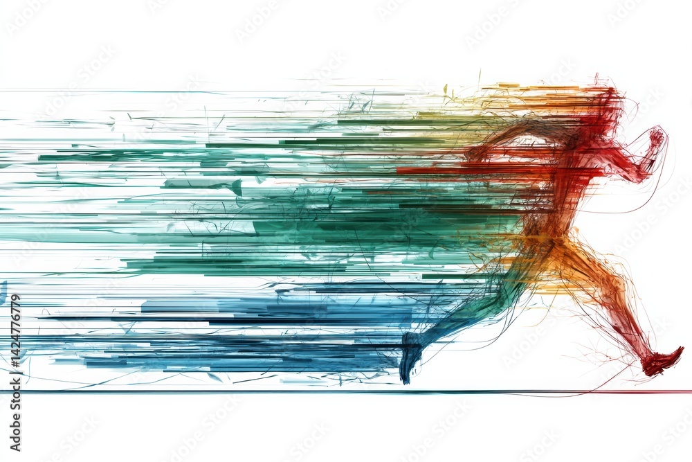 Conceptual Runner in Dynamic Motion Streaks Creates a Vibrant Display Against a White Background