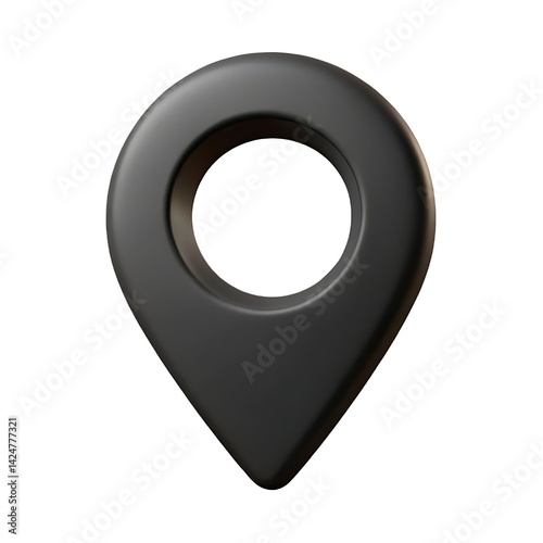 A matte black location pin with a circular cut out on a white background in a studio setting