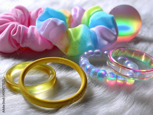 Colorful hair accessories arranged on a soft fabric surface for a creative display