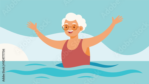 A senior citizen with limited mobility taking part in a gentle water aerobics class.. Vector illustration