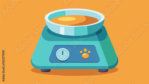 A stylish and compact pet feeder perfect for travel equipped with portion control and adjustable calorie settings to accommodate any pets dietary. Vector illustration